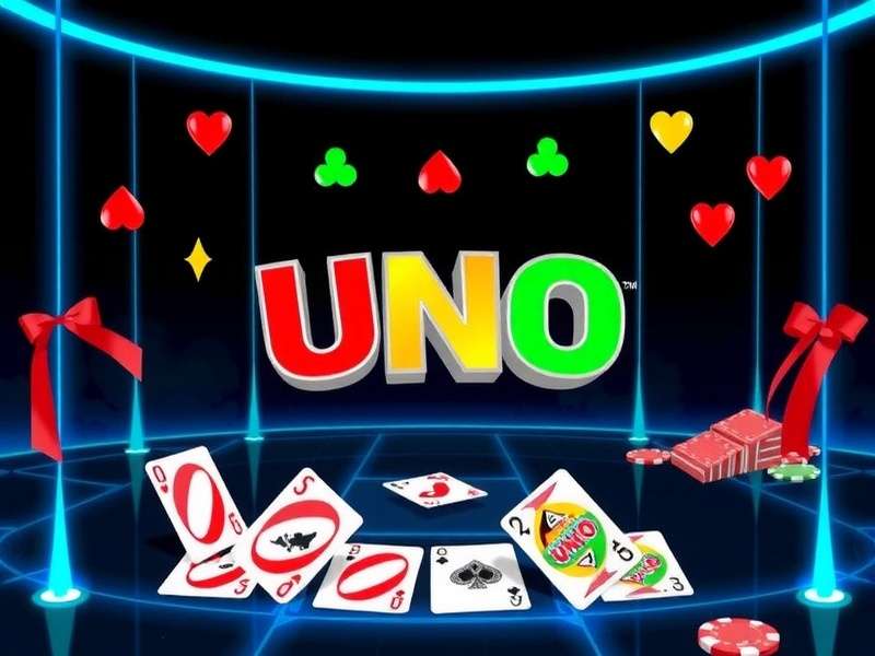 A group of friends laughing while playing a card game on their devices