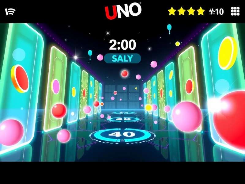 A vibrant digital interface of a multiplayer Uno game showing colorful cards and player avatars