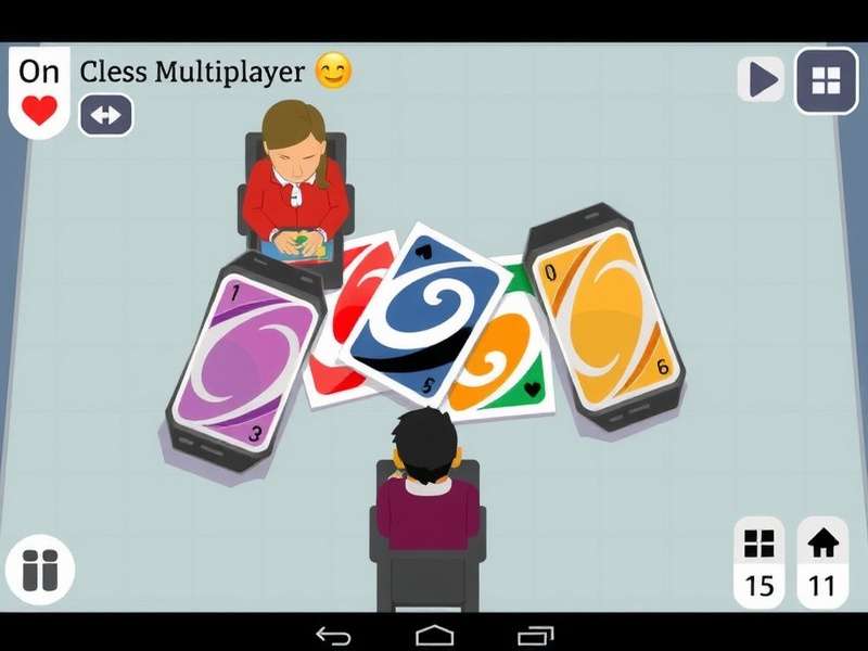 A vibrant digital Uno multiplayer match in progress showing cards and emotes