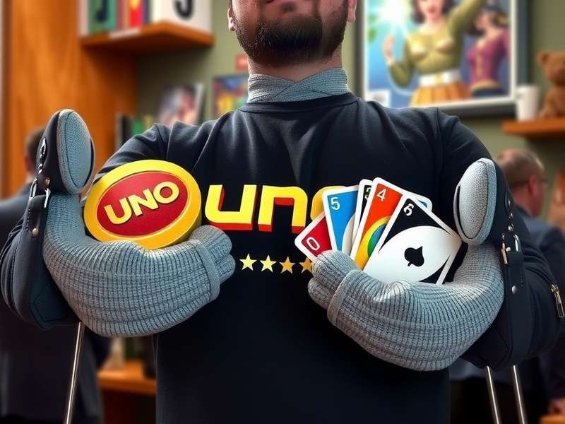 Uno Spielen: A vibrant Uno card game spread on a wooden table with red, yellow, green, and blue cards including Wild and Skip cards.