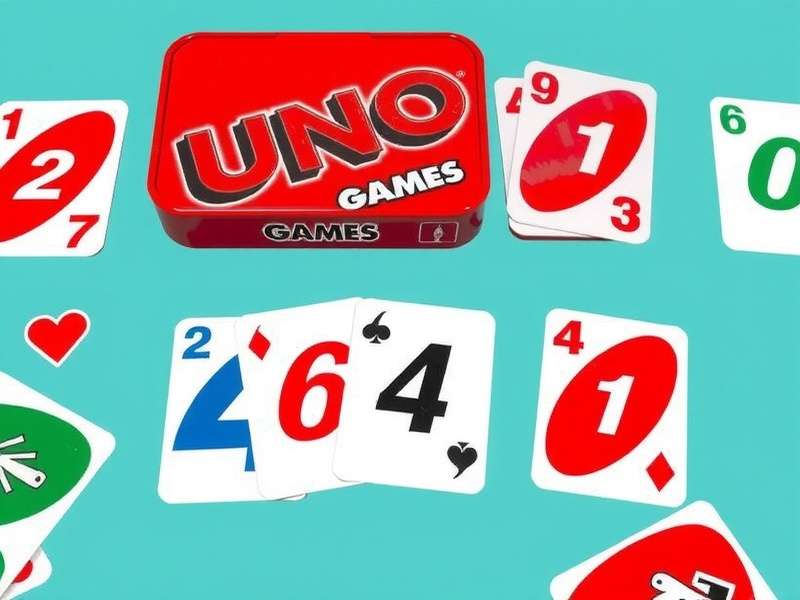 A colorful collection of Uno card decks and game boxes arranged on a wooden table