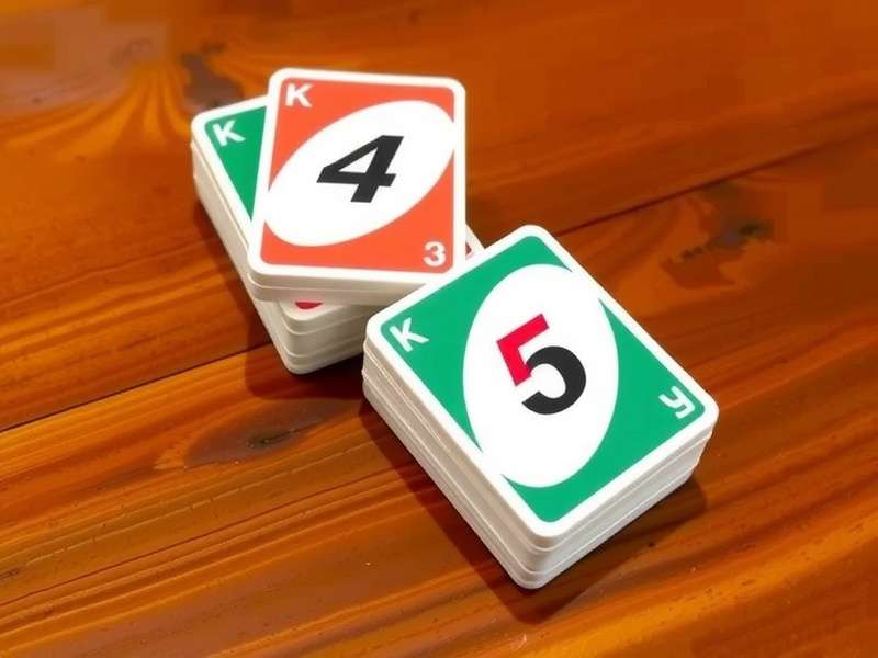 Uno cards layout showing a standard 108-card deck with Wild Draw Four and action cards spread across a dark gaming table